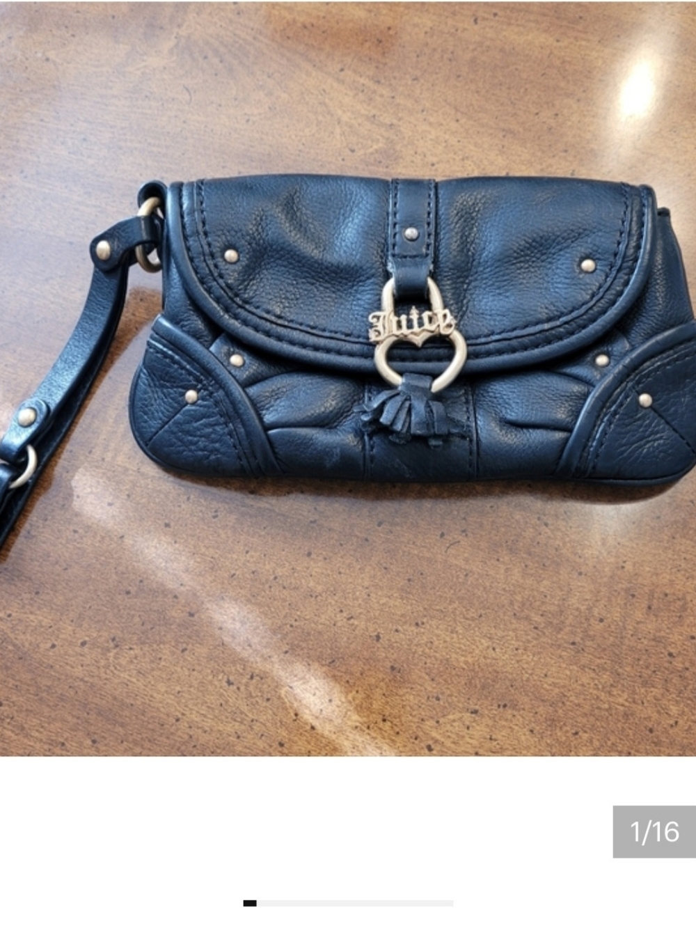 Juicy Couture Vintage Black Leather Wristlet With Gold Hardware